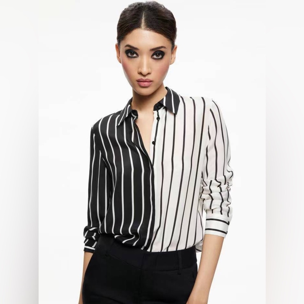 NWT Alice olivia Willa Colorblock Stripe Silk Button-up Shirt Blouse
